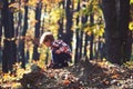 Activity and active rest for kid. Small boy play in autumn forest. Autumn vacation and camping. Little prince in fairy Royalty Free Stock Photo