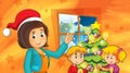 Cartoon scene with kids decorating christmas tree with mother or teacher