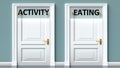 Activity and eating as a choice - pictured as words Activity, eating on doors to show that Activity and eating are opposite