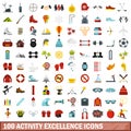 100 activity excellence icons set, flat style