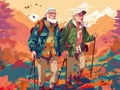 couple active walking senior happy hiking old elderly trekking grandfather. Generative AI.