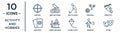 activity.and.hobbies linear icon set. includes thin line hunting, golf playing, freestyle, model building, parkour, acting,