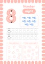 Activity page, coloring stars. educational worksheet with handwriting practice for kids. Trace number eight Royalty Free Stock Photo