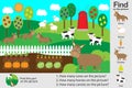 Activity page, farm animals and garden cartoon, find images and answer the questions, visual education game for the development of
