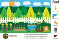 Activity page, garden picture in cartoon style, find images and answer the questions, visual education game for the development of