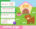 Activity page for kids with cute puppy. Educational children game. Worksheet test. Words and numbers, counting.
