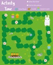 Activity page for kids. Educational game. Maze and find objects. Animals theme. Help rabbit find carrots. Fun for preschool years