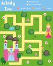 Activity page for kids. Educational game. Maze and find objects theme. Fairy tales theme. Help princess find castle. Fun for presc