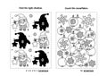 Activity page for kids with puzzles and coloring - owl, snowflakes, baubles Royalty Free Stock Photo