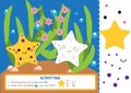 Activity page for kids with starfishes. Educational children game. Counting and cutting. Learning shapes and mathematics.