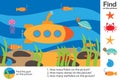 Activity page, sea world underwater in cartoon style, find images, answer the questions, visual education game for the development