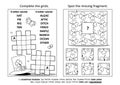 Activity page with two puzzles. Fill-in crossword puzzle. Spot the missing fragment. St. Patrick\'s Day holiday motives. Royalty Free Stock Photo