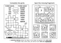 Activity page with two puzzles. Fill-in crossword puzzle. Spot the missing fragment. St. Patrick\'s Day holiday motives. Royalty Free Stock Photo