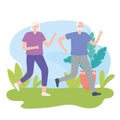 Activity seniors, elderly couple running in the park