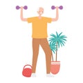 Activity seniors, elderly man lifting dumbbells in the room