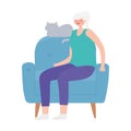 Activity seniors, elderly woman sitting on chair with her cat