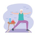 Activity seniors, elderly woman with sportswear water bottle and weight in room