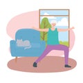 Activity seniors, grandma stretching in living room with cat in the sofa Royalty Free Stock Photo