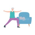 Activity seniors, grandma stretching in living room with cat in the sofa Royalty Free Stock Photo