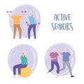 Activity seniors, group people elderly characters practicing physical activities