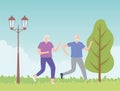 Activity seniors, old couple running sport in the park