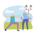 Activity seniors, portrait of aged women doing exercise with dumbbells on nature