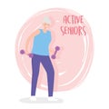 Activity seniors, smiling old woman with sport dumbbells equipment