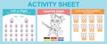 3 in 1 Activity Sheet for children. Coloring and counting activity Royalty Free Stock Photo