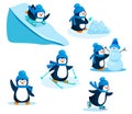 Activity in winter. Penguin vector illustration set. Cartoon characters of penguin. Skating, skiing, sledding. Make Royalty Free Stock Photo