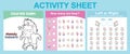 3 in 1 Activity Sheet for children. Coloring and counting activity. Royalty Free Stock Photo