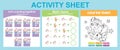 3 in 1 Activity Sheet for children. Coloring and counting activity. Royalty Free Stock Photo