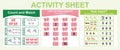 Activity sheet for children with insects theme. 3 in 1 Educational printable worksheet. Count game and writing activity for kids.