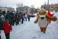 Actor animator of the house of culture of the city metallostroy in the costume of the jolly bear entertains children and adults