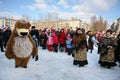 Actor animator of the house of culture of the city metallostroy in the costume of the jolly bear entertains children and adults