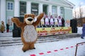 Actor animator of the house of culture of the city metallostroy in the costume of the jolly bear entertains children and adults