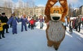 Actor animator of the house of culture of the city metallostroy in the costume of the jolly bear entertains children and adults