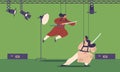 Actor Characters Perform Intense Samurai Battle in The Movie Studio during Filming Process, Vector Illustration