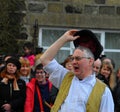 An Actor with hat performing the traditional good friday easter pace egg play in heptonstall west yorkshire