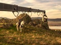 Actor riding a horse during the filming of a sequence for a television series,with camera on crane