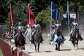 Actors as medieval knights horse marching at the annual Bristol Renaissance Faire Royalty Free Stock Photo