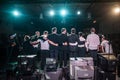 Actors bow to audience after performance. Obeisance to public Royalty Free Stock Photo