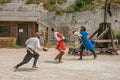 Actors doing a theatrical staging as medieval fighters in the castle of Baux-de-Provence. Royalty Free Stock Photo