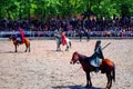 Actors are performing a march battle at The Three Kingdoms Culture Small Theater in Wuxi City