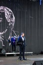 Actors read poem Eugene Onegin on stage on the Red Square in Moscow