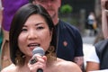 Actress Rebecca Yeo speaking at the Equity Union - SAG-AFTRA rally in central London, UK.