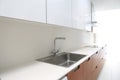 Actual modern kitchen in white and walnut wood