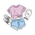 Actual vector drawing summer look. Street wear set t-shirt, jeans, sneakers, hat, glasses. Royalty Free Stock Photo
