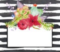 ÃÂ¡actus in the shape of a heart, flowers and fern leaves on black and white watercolor striped background Royalty Free Stock Photo
