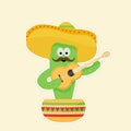 ÃÂ¡actus in a sombrero with a guitar in a pot. Picture with a white outline on a yellow background