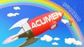 Acumen lead to achieving success in business and life. Cartoon rocket labeled with text Acumen, flying high in the blue sky to